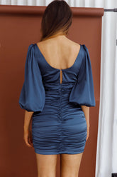 Vista Hermosa Ruched Balloon Sleeve Dress Blue